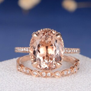 Art Deco Morganite Engagement Ring Wedding Band Women Rose Gold Bridal Set Antique Unique Oval Cut Wedding Ring Anniversary Stacking 2pcs image 3