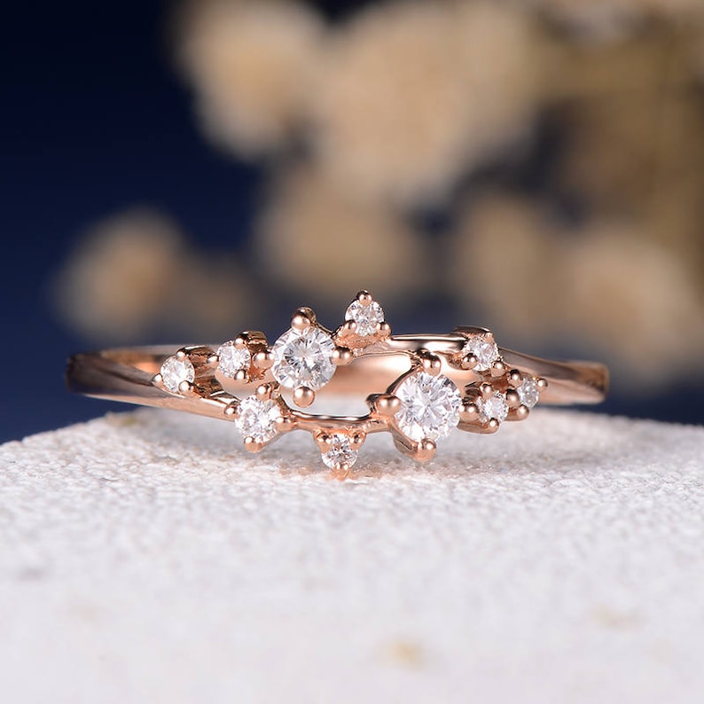 Flower Engagement Ring Diamond Rose Gold Twig Dainty Unique Ring Wedding Band Cluster Floral Snowflake Mini Gift Anniversary Promise Women 