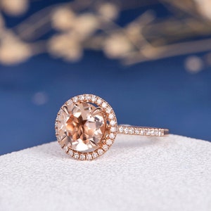 Morganite Engagement Ring 8mm Peachy Morganite Ring Unique Diamond Ring Setting Rose Gold Engagement Ring Halo For Woman Gift Anniversary image 4