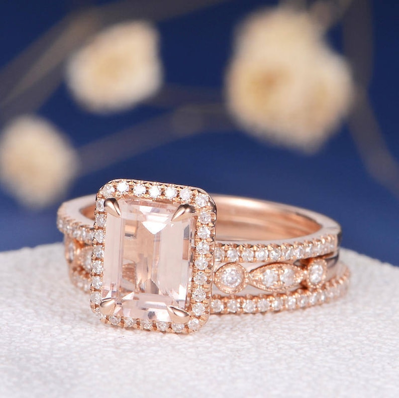 Art Deco Morganite Wedding Set Emerald Cut Engagement Ring - Etsy