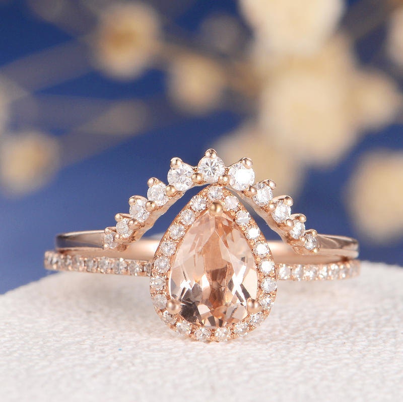 Pear Shaped Morganite Engagement Ring Rose Gold Ring Chevron V | Etsy