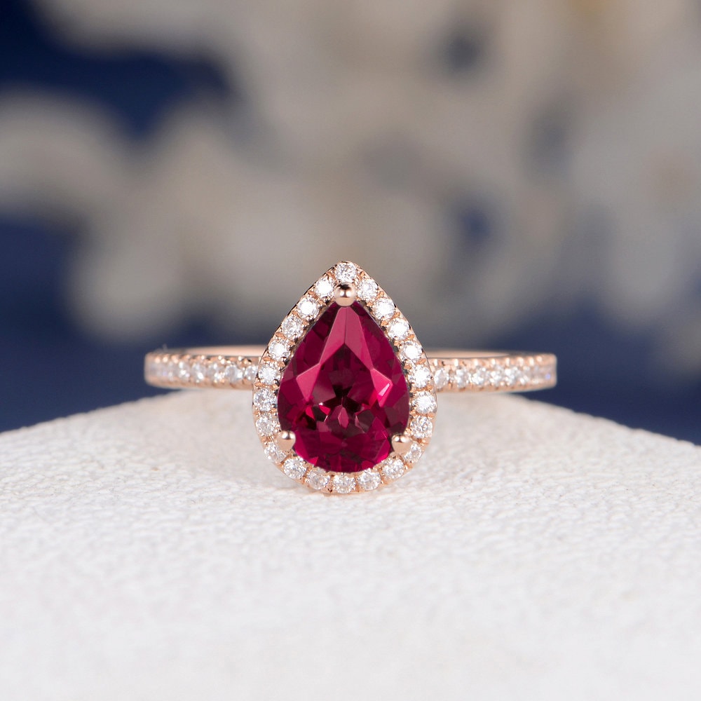 Pear Ruby July Birthstone with Diamond Halo Engagement Ring Bridal Set with  Curved Matching Diamond Band