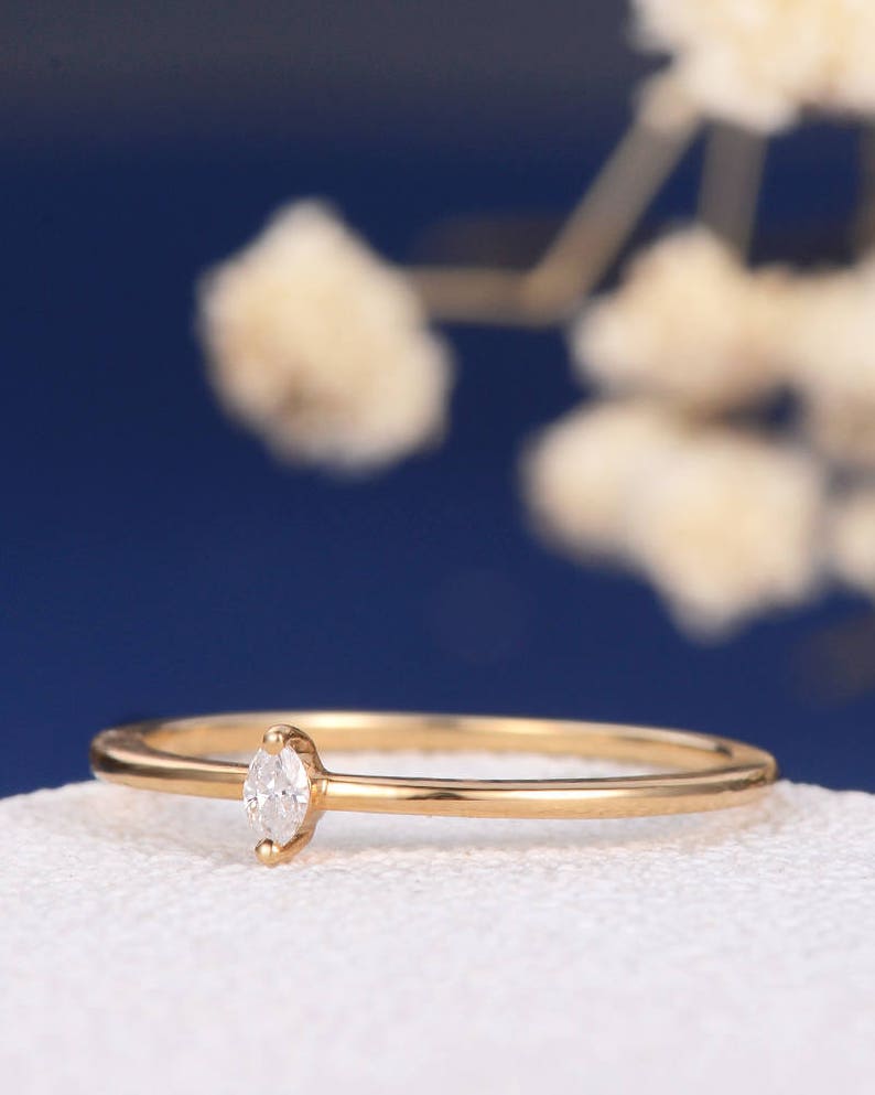 Marquise Diamond Ring Solitaire Engagement Ring Mini Thin Stacking Gold Wedding Bridal Simple Minimalist Petite Anniversary Promise Women