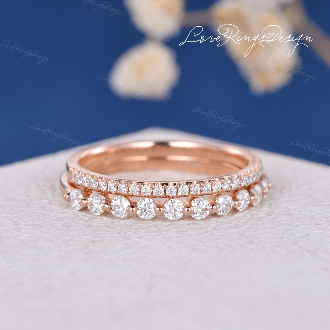 Moissanite Half Eternity Band Vintage 14K Rose Gold Stacking Band