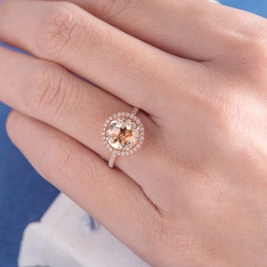 Morganite Engagement Ring 8mm Peachy Morganite Ring Unique Diamond Ring Setting Rose Gold Engagement Ring Halo For Woman Gift Anniversary image 7