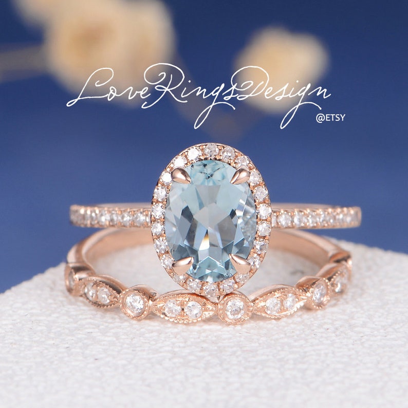 Antique Aquamarine Engagement Ring Set Oval Cut Bridal Diamond Etsy