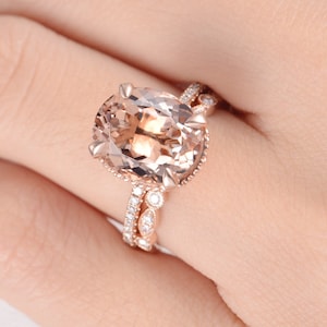 Art Deco Morganite Engagement Ring Wedding Band Women Rose Gold Bridal Set Antique Unique Oval Cut Wedding Ring Anniversary Stacking 2pcs image 7