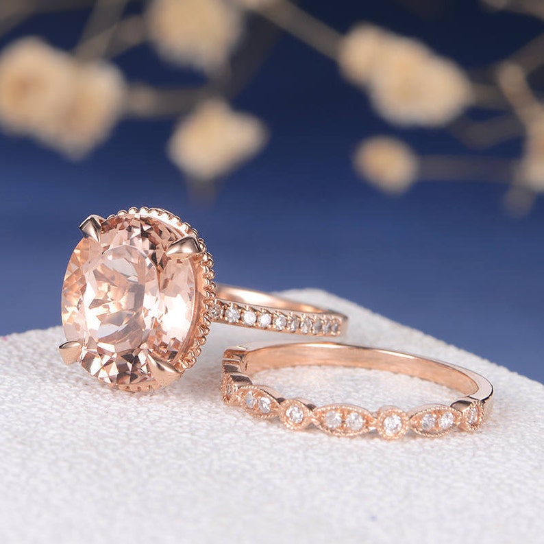 Art Deco Morganite Engagement Ring Wedding Band Women Rose Gold Bridal Set Antique Unique Oval Cut Wedding Ring Anniversary Stacking 2pcs image 4