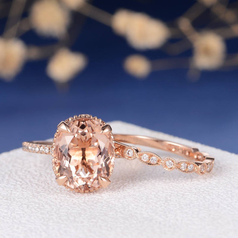 Art Deco Morganite Engagement Ring Wedding Band Women Rose Gold Bridal Set Antique Unique Oval Cut Wedding Ring Anniversary Stacking 2pcs image 2