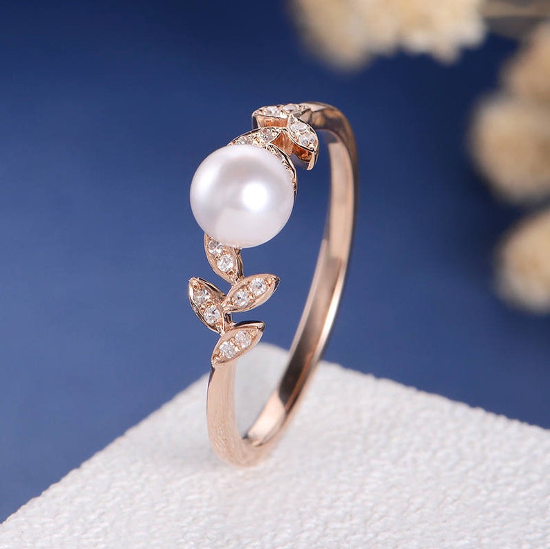 Pearl Rose Gold Engagement Ring Flower Unique Wedding Bridal Etsy