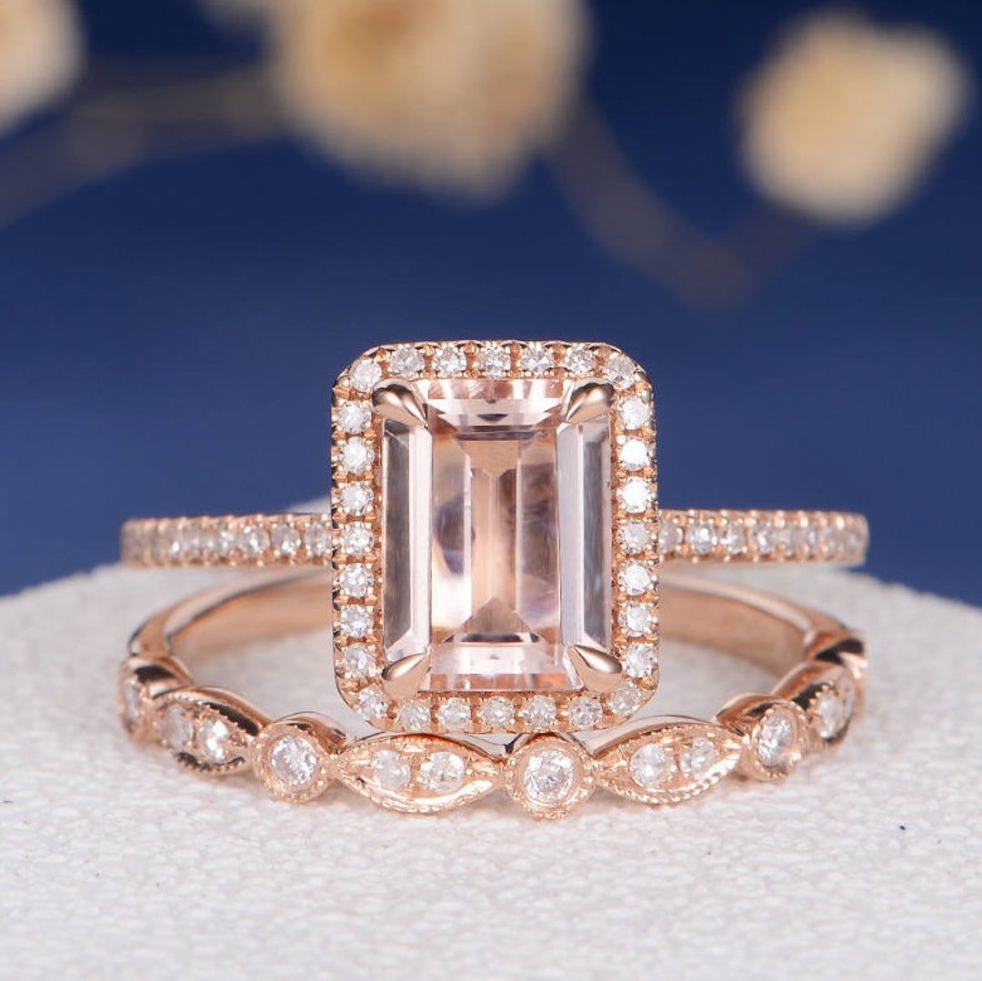 Morganite Engagement Ring Rose Gold Emerald Cut Bridal Sets - Etsy