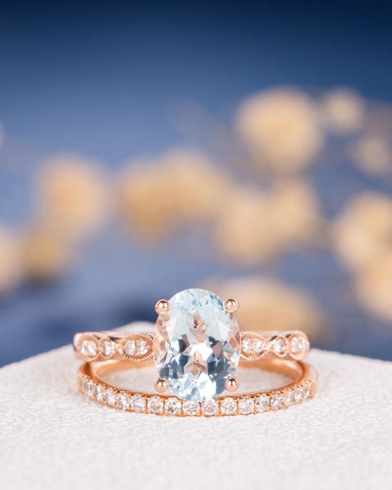 Oval Cut Aquamarine Engagement Ring Set Rose Gold Bridal Set | Etsy