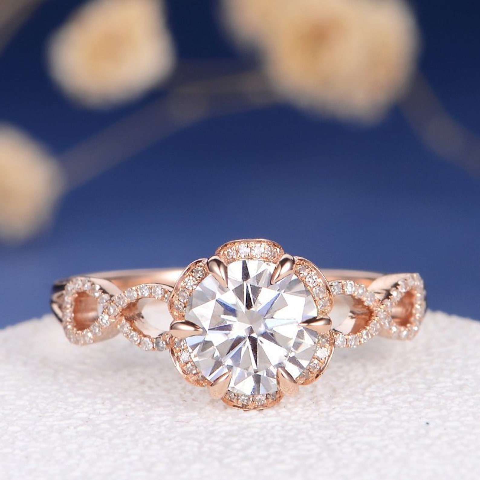 Unique Moissanite Engagement Ring Moissanite Flower Ring Rose Etsy