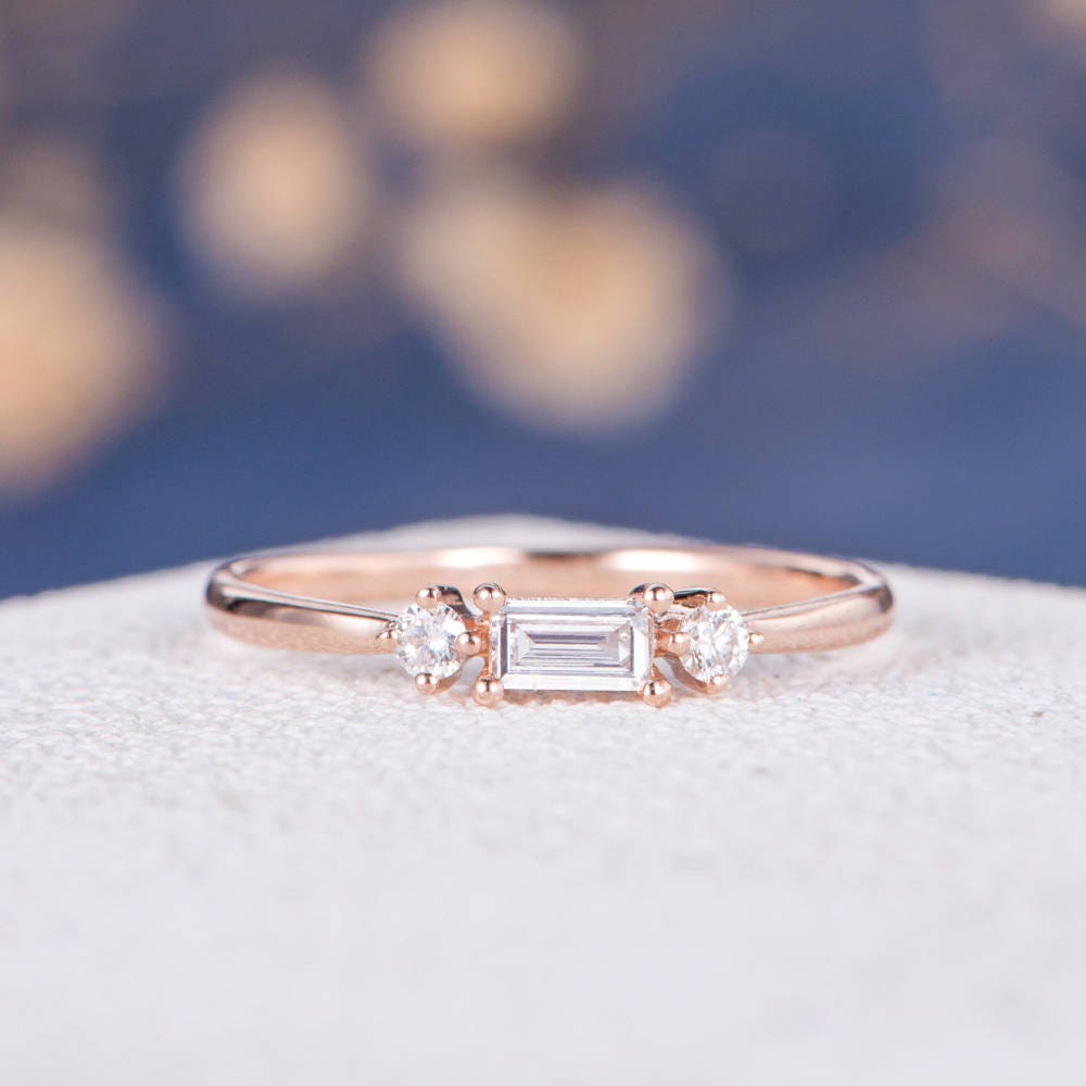Baguette Diamond Ring Rose Gold Wedding Band Women Minimalist