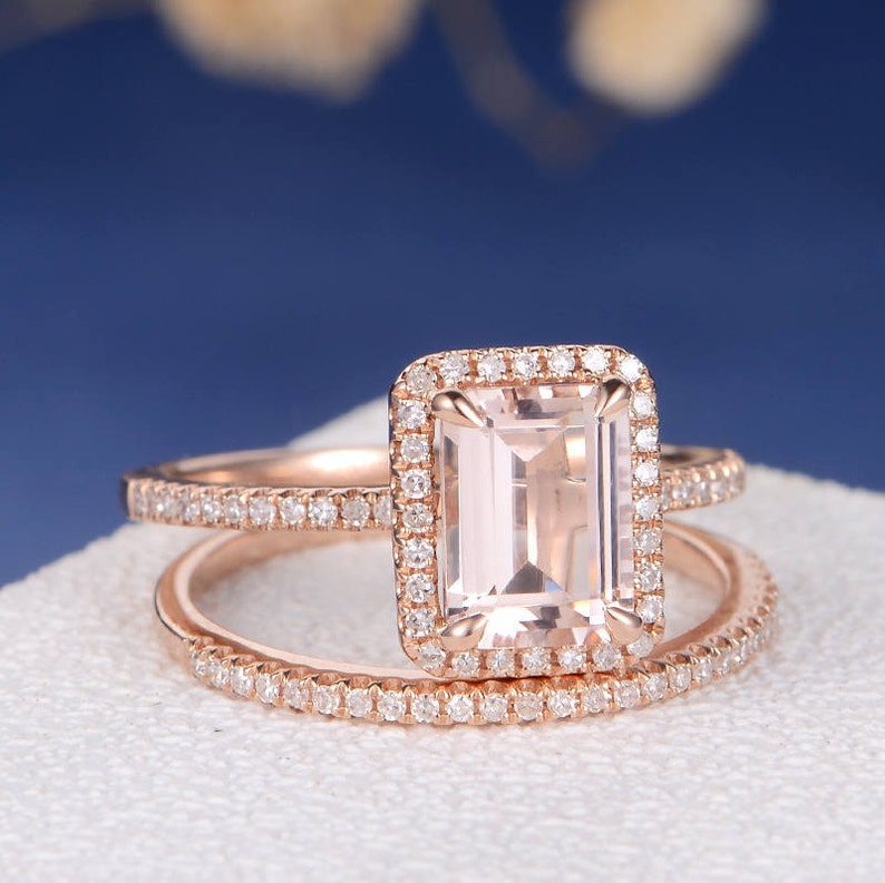 Emerald Cut Morganite Bridal Sets Rose Gold Engagement Ring - Etsy