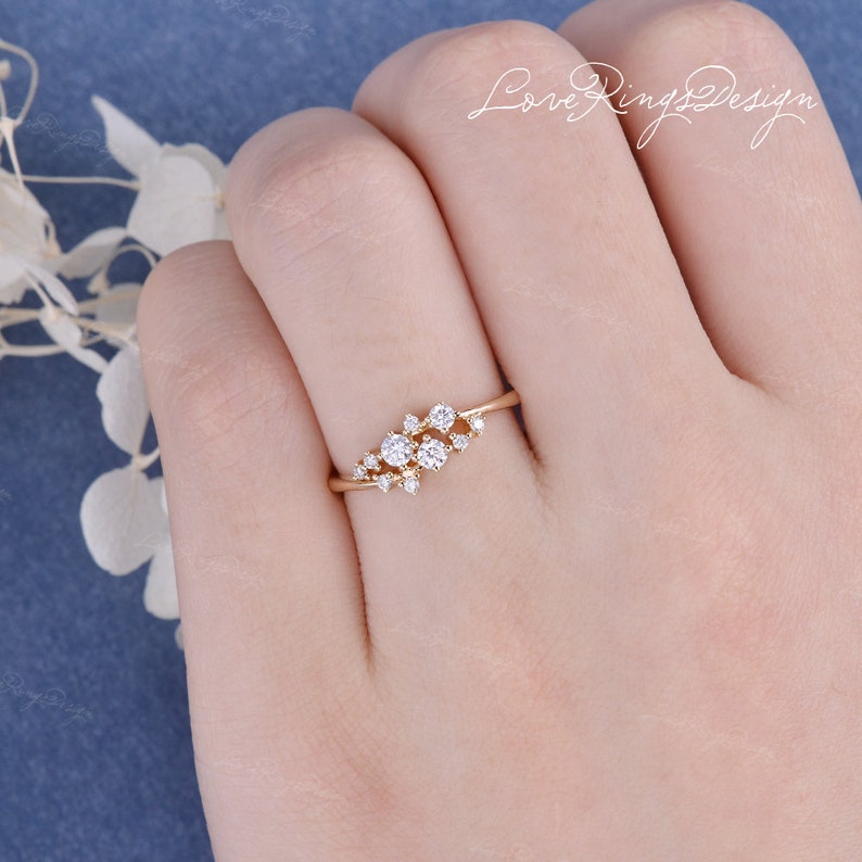 Flower Diamond Engagement Ring Snowflake Cluster Floral Dainty Ring Rose Gold Unique Twig Wedding Band Mini Anniversary Gift Promise Women image 7