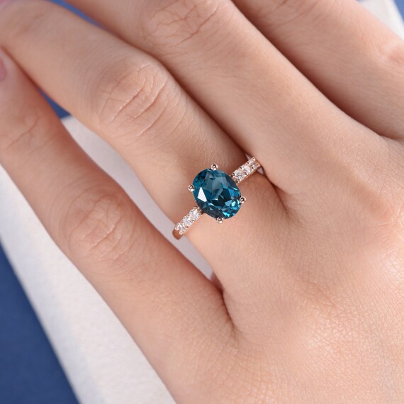 London Blue Topaz Ring Rose Gold Engagement Ring Oval Topaz