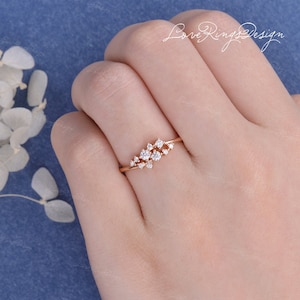 Flower Diamond Engagement Ring Snowflake Cluster Floral Dainty Ring Rose Gold Unique Twig Wedding Band Mini Anniversary Gift Promise Women image 7