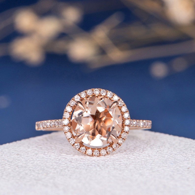 Morganite Engagement Ring 8mm Peachy Morganite Ring Unique Diamond Ring Setting Rose Gold Engagement Ring Halo For Woman Gift Anniversary image 2