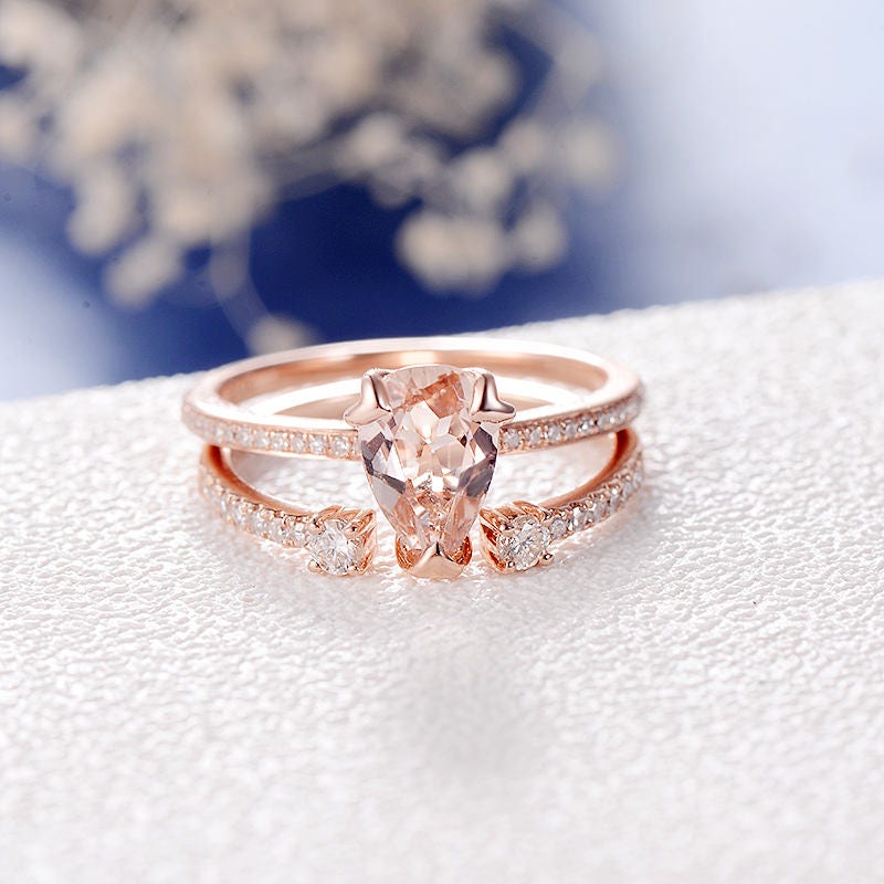 Pear Shaped Morganite Engagement Ring Rose Gold Unique Diamond | Etsy