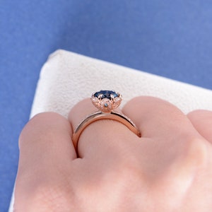 Unique London Blue Topaz Engagement Ring Vintage Rose Gold Wedding Ring Women Flower Halo Diamond Ring Birthstone Topaz Jewelry image 6