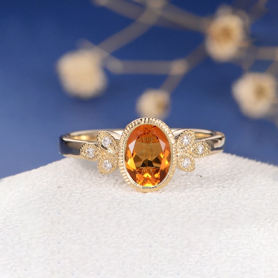 Antique Engagement Ring Citrine Yellow Gold Ring Diamond | Etsy