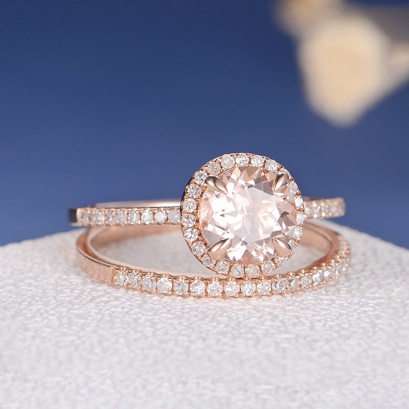 Morganite Ring Set Engagement Ring Rose Gold Diamond Halo | Etsy