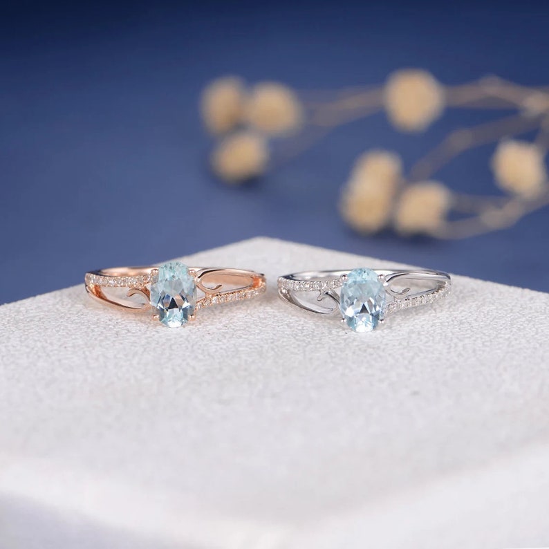 Aquamarine Engagement Ring Vine Twist White Gold Butterfly Leaf Twig Ring Unique Curve Diamond Anniversary Flower Women March Birthstone image 8