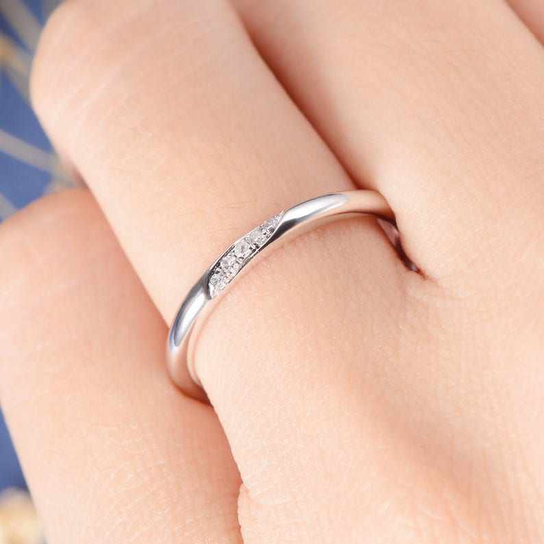 Wedding Band Diamond Wedding Ring Rose Gold Tiny Anniversary Minimalist Pave Engraving Matching Simple Bridal Stacking Ring Thin Gold Band