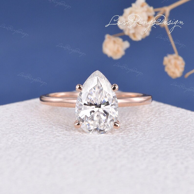 1.5/2/3ct Pear Shaped Moissanite Engagement Ring Hidden Halo Ring Rose Gold Solitaire Wedding Ring Stackable ring Minimalist Promise Ring image 1