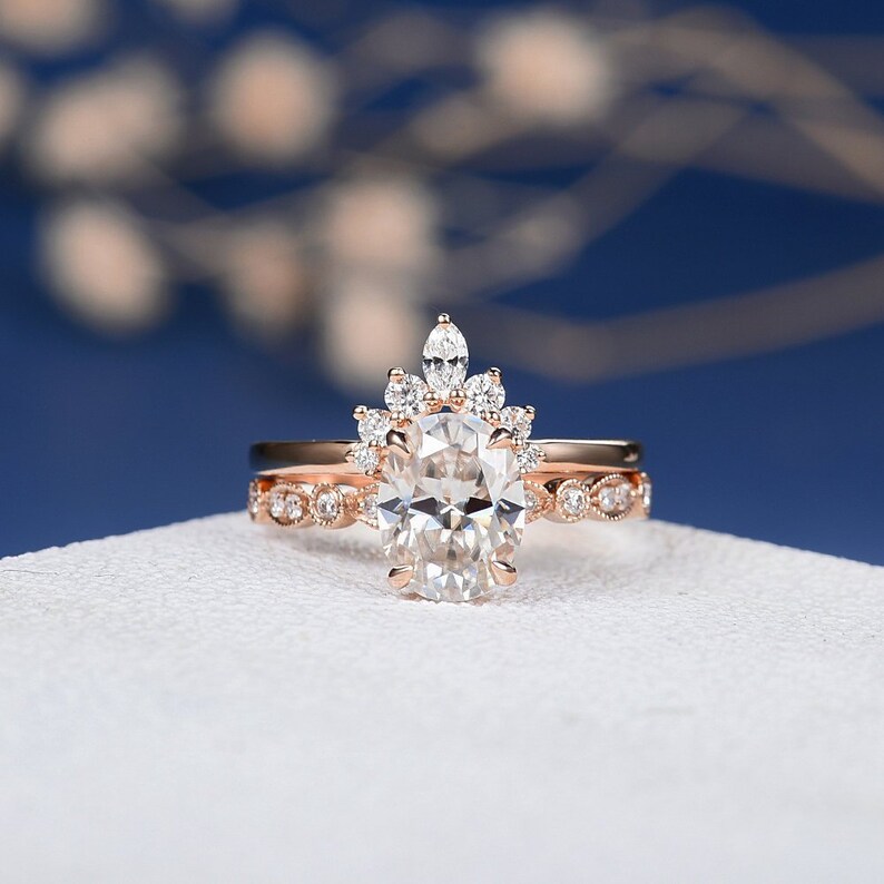 Unique Moissanite Engagement Ring Set Rose Gold Marquise Diamond Art Deco Band Oval Cut Bridal Wedding Antique Promise Women Anniversary 2pc image 1