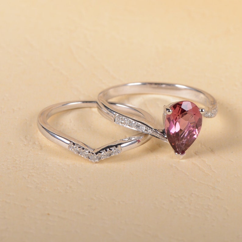 Pear Shaped Engagement Ring Wedding Ring Set Pink Tourmaline Engagement Ring Micro Pave Diamond White Gold Eternity Band Chevron Birthstone image 3