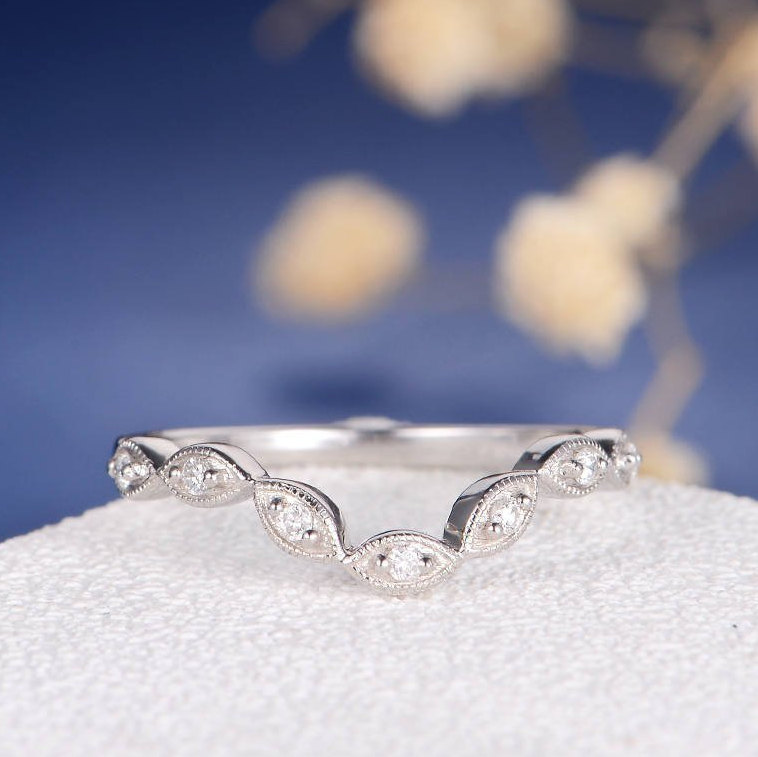 Curved Wedding Band White Gold Women Diamond Chevron Ring | Etsy