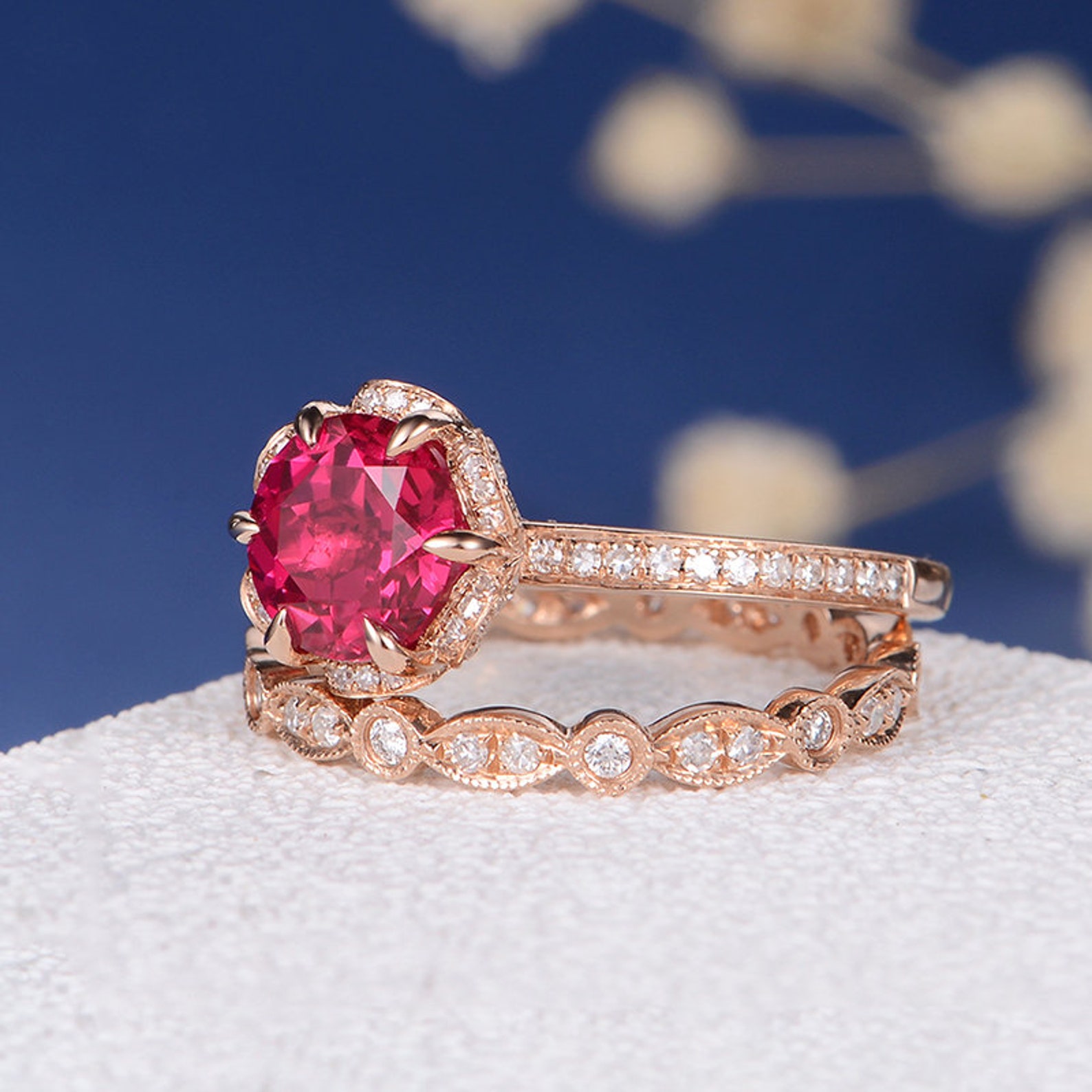 Rose Gold Bridal Set Lab Ruby Engagement Ring Flower Art Deco | Etsy