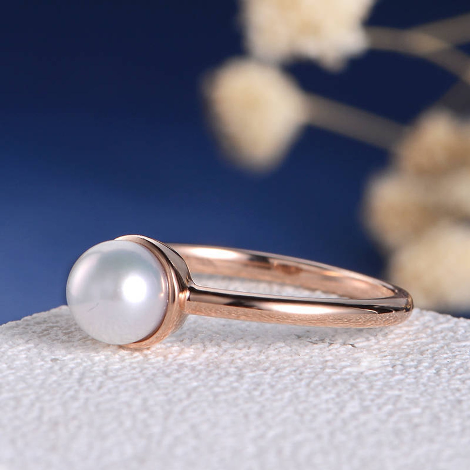 Bezel Set Engagement Ring Pearl Rose Gold Wedding Ring Etsy