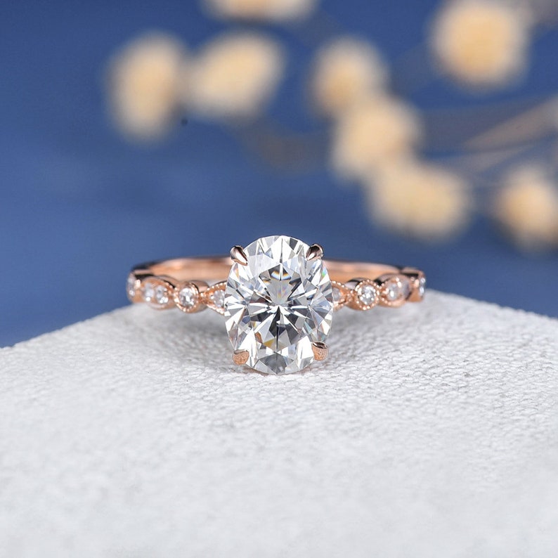 2ct Moissanite Ring Art Deco Oval Cut Moissanite Engagement Ring Rose Gold 7x9mm Antique Solitaire Unique Anniversary Promise Women Diamond image 4