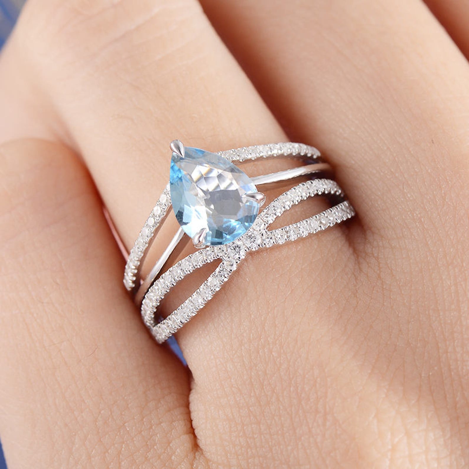 Aquamarine Engagement Ring Set Pear Cut Bridal Ring Diamond Etsy