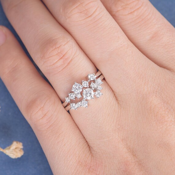 Diamond Cluster Ring White Gold Floral Unique Wedding Band