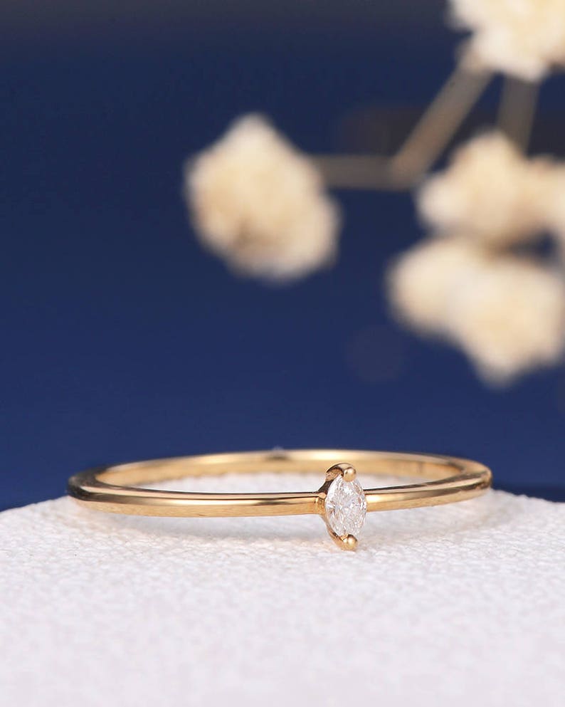 Marquise Diamond Ring Solitaire Engagement Ring Mini Thin Stacking Gold Wedding Bridal Simple Minimalist Petite Anniversary Promise Women