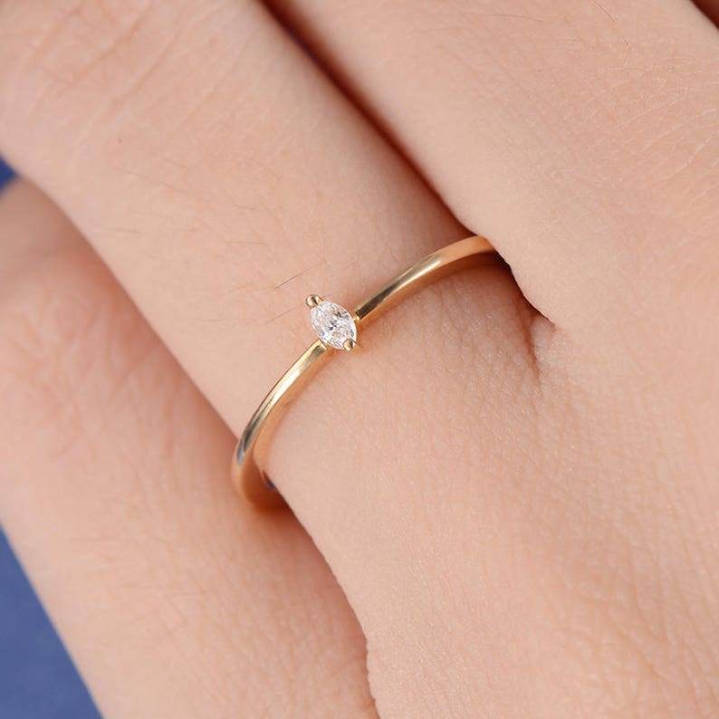 Marquise Diamond Ring Solitaire Engagement Ring Mini Thin Stacking Gold Wedding Bridal Simple Minimalist Petite Anniversary Promise Women