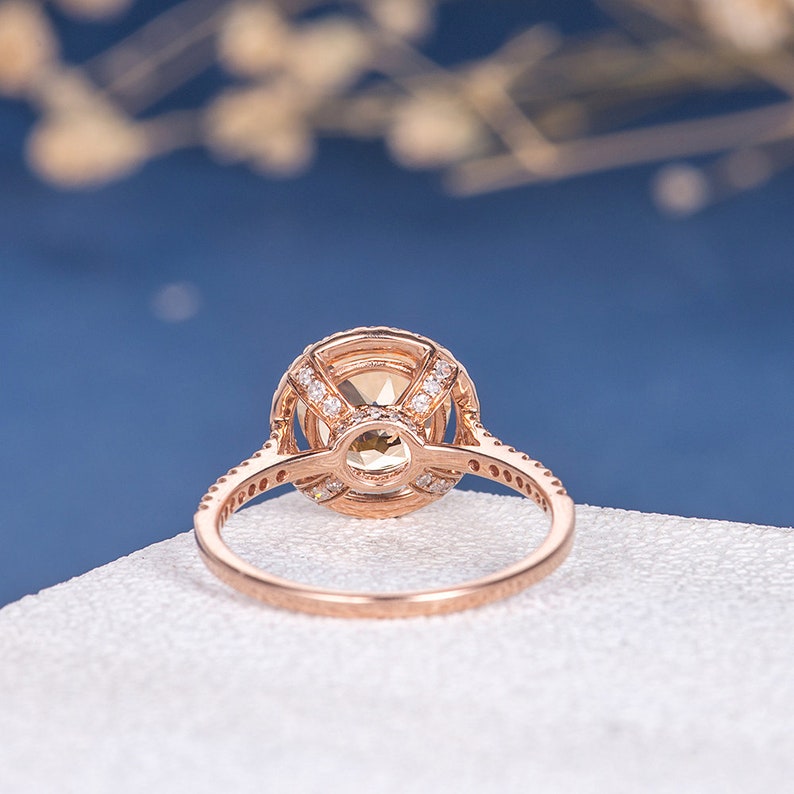 Morganite Engagement Ring 8mm Peachy Morganite Ring Unique Diamond Ring Setting Rose Gold Engagement Ring Halo For Woman Gift Anniversary image 5