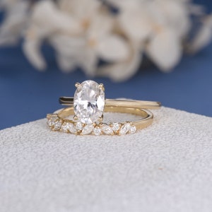 1.5CT Moissanite Bridal Set Vintage Oval Solitaire Moissanite Engagement Ring Unique Cluster Wedding Band Women Simple Anniversary Ring 2pcs image 3