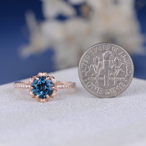 Unique London Blue Topaz Engagement Ring Vintage Rose Gold Wedding Ring Women Flower Halo Diamond Ring Birthstone Topaz Jewelry image 10