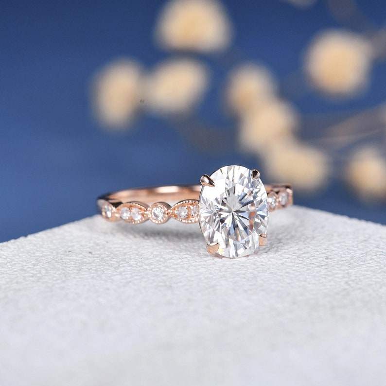 2ct Moissanite Ring Art Deco Oval Cut Moissanite Engagement Ring Rose Gold 7x9mm Antique Solitaire Unique Anniversary Promise Women Diamond image 5