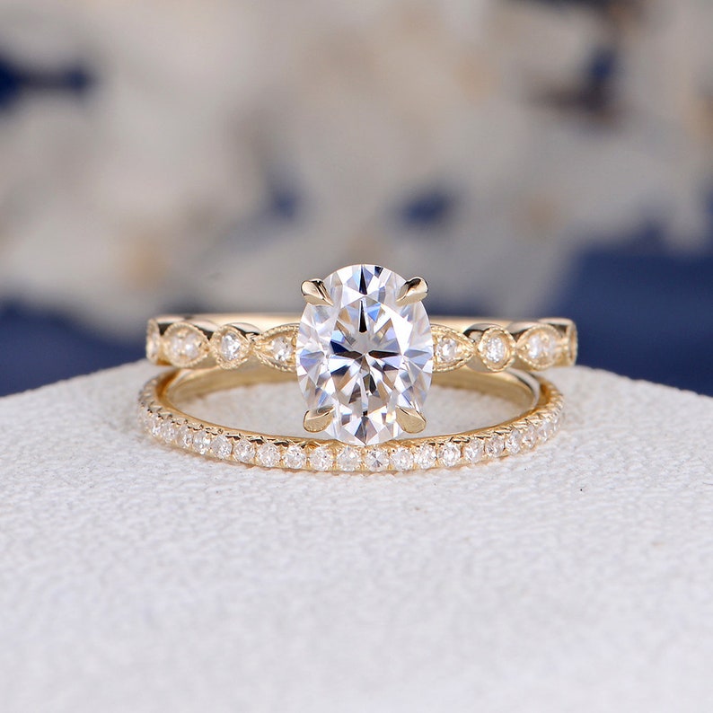 Art Deco Moissanite Bridal Set Oval Cut Engagement Ring Rose - Etsy