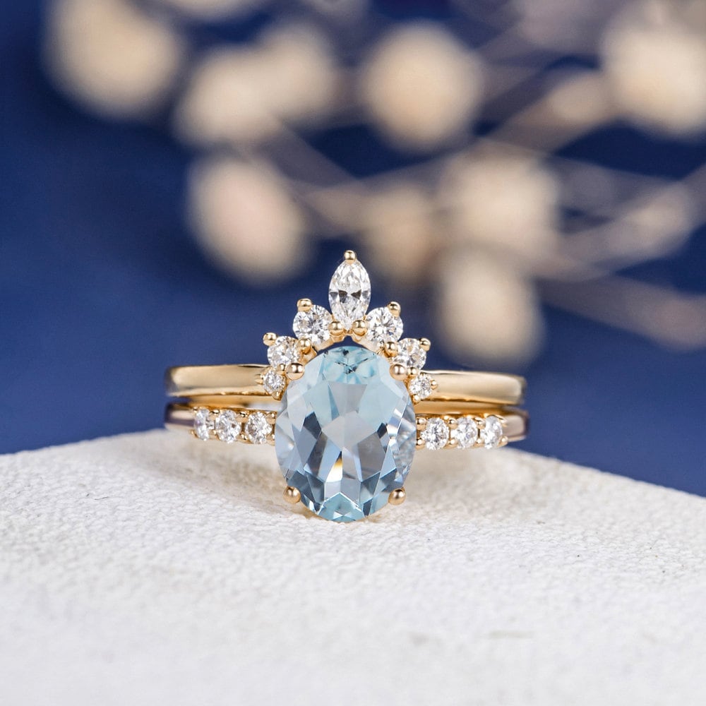 Aquamarine Engagement Ring March Birthstone Bridal Set Oval | Etsy