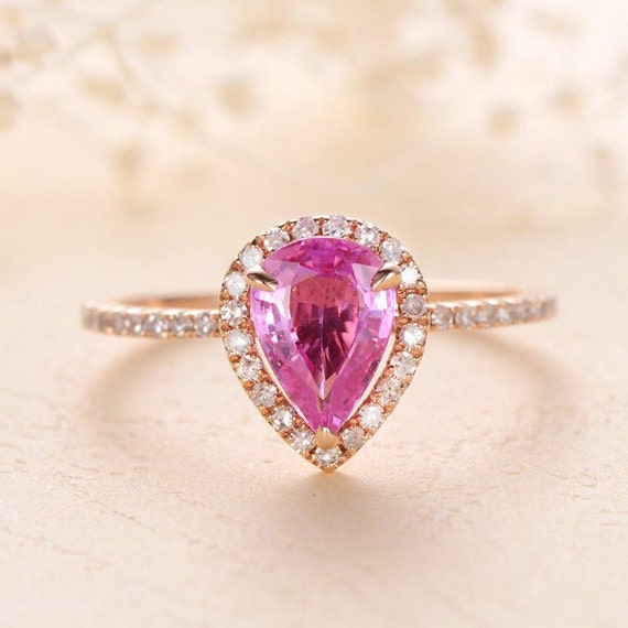 Pear Shaped Engagement Ring Rose Gold Pink Sapphire Ring Halo - Etsy