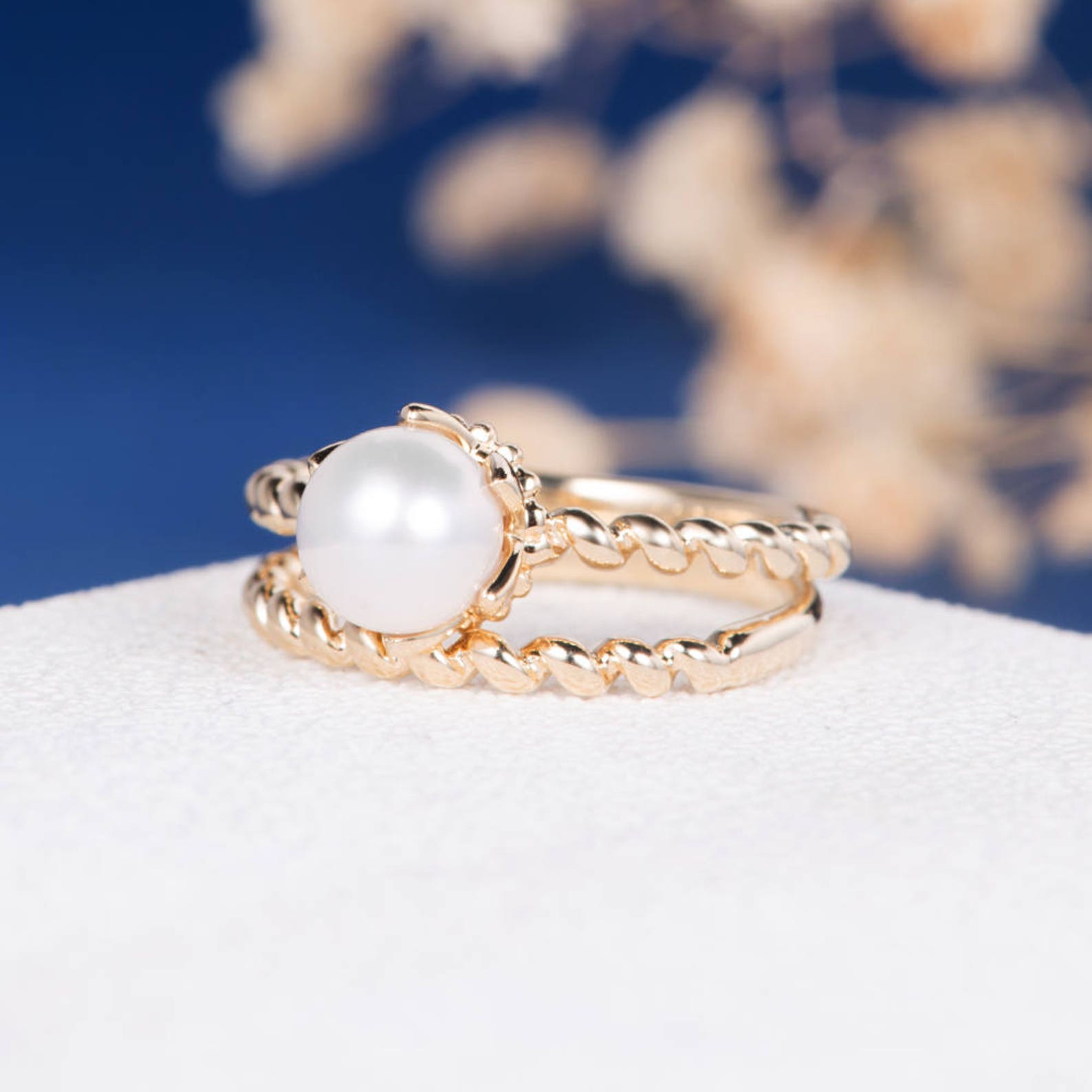 Akoya Pearl Bridal Set Engagement Ring Antique Twisted Etsy