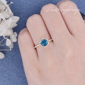 Unique London Blue Topaz Engagement Ring Vintage Rose Gold Wedding Ring Women Flower Halo Diamond Ring Birthstone Topaz Jewelry image 5