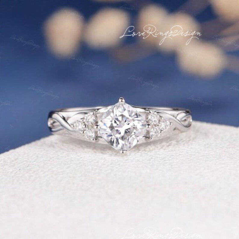 1ct Cushion Cut Moissanite Engagement Ring White Gold Wedding Ring Unique Cluster Diamond Infinity Vine Ring Kite Style Anniversary Gift image 1